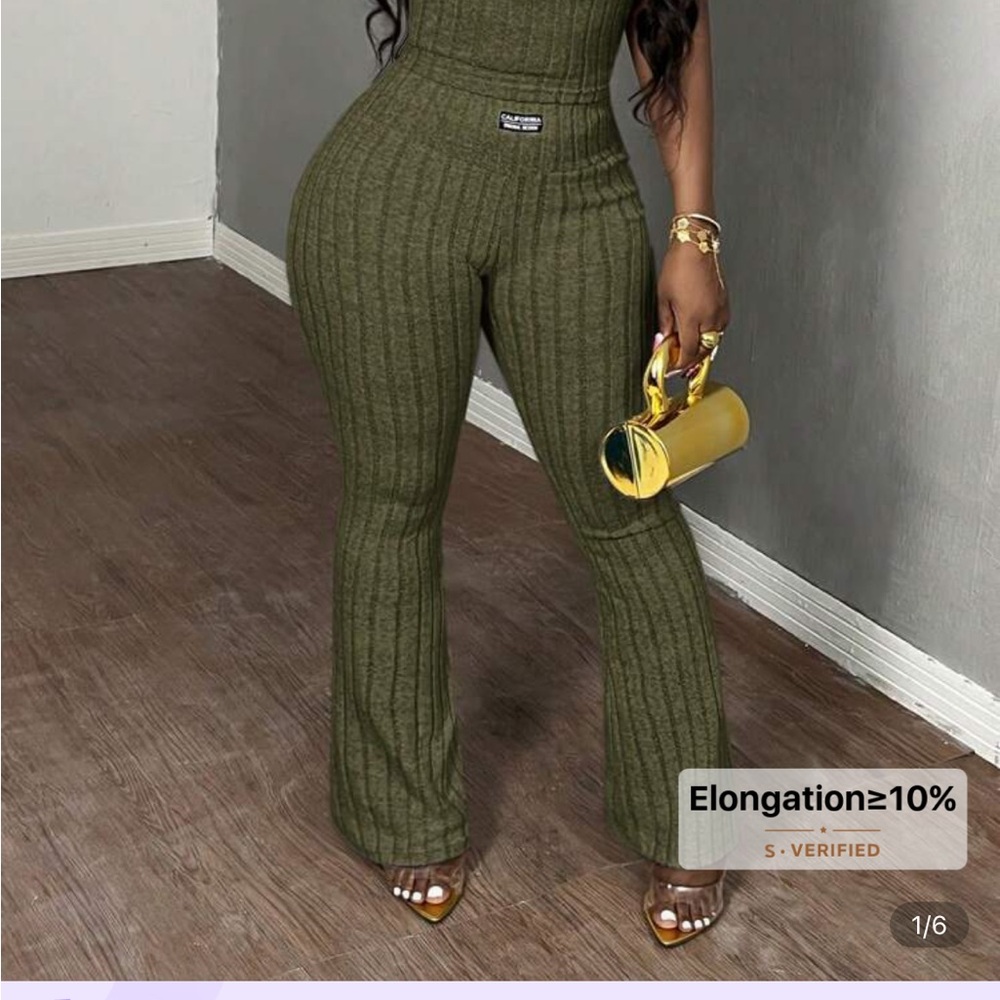 Olive Green Ribbed Flare Pants